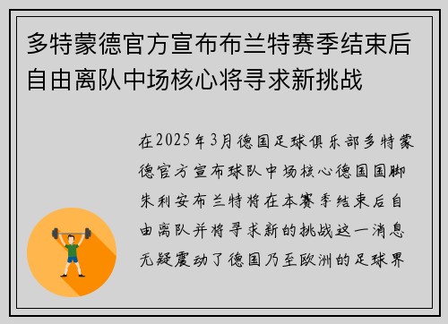 多特蒙德官方宣布布兰特赛季结束后自由离队中场核心将寻求新挑战
