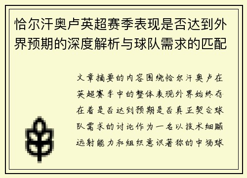 恰尔汗奥卢英超赛季表现是否达到外界预期的深度解析与球队需求的匹配度评估